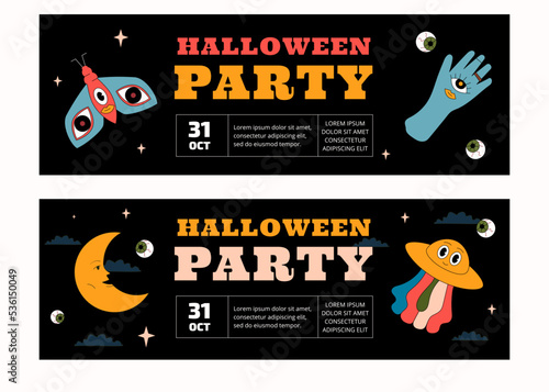 A set of two horizontal Halloween party banner templates. The design is in the style of groovy and old cartoon.