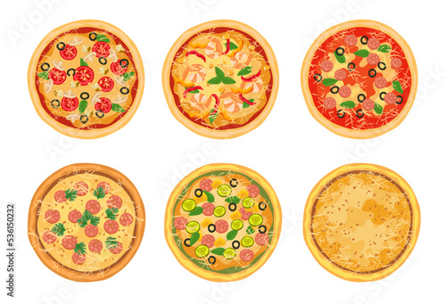 Top view of different pizzas vector illustrations set. Pepperoni, pizzas with different ingredients, chicken, vegetables, mushrooms, salami for menu isolated on white background. Fast food concept