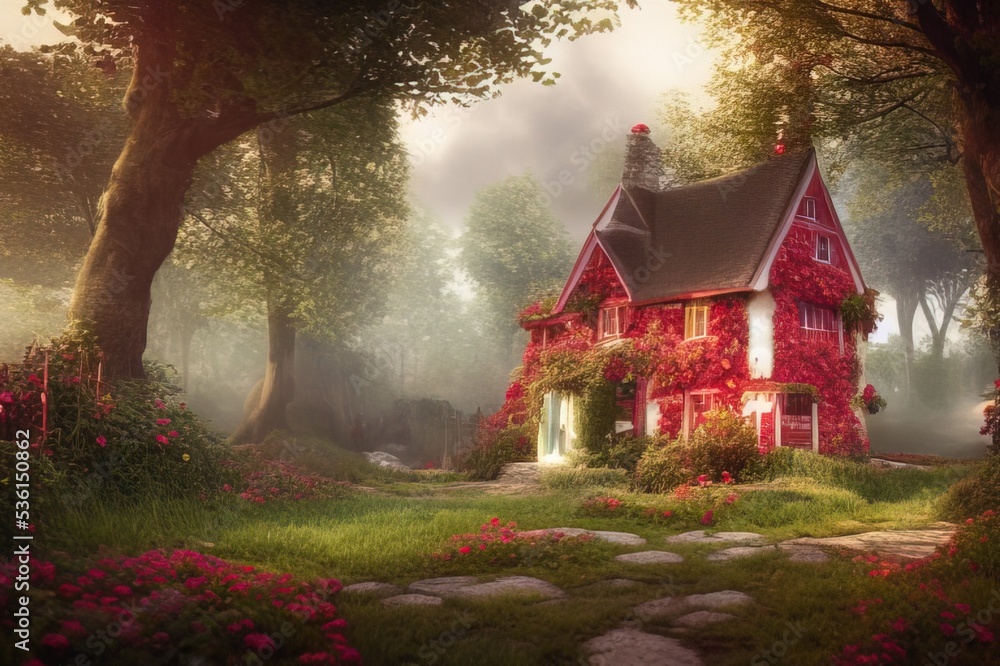 Fantasy cozy fairytale house overgrown with green vegetation hidden in a beautiful forest. Beautiful fairy scene. Photorealistic 3D render