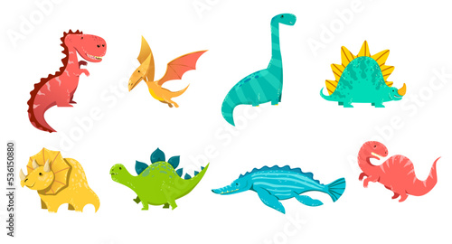 Cute set of prehistoric dinosaurs. Vector illustrations of baby dino and funny dragons. Cartoon collection with stegosaurus triceratops pterodactyl isolated on white. Ancient animals  wildlife concept