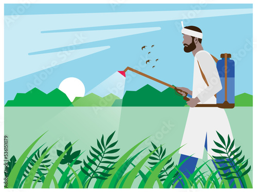 Modern Illustration of Indian farmer spraying pesticides in the agricultural field. Agriculture worker. Young farmer spraying pesticides. Taking care about vineyard. Pest control Vector illustration.