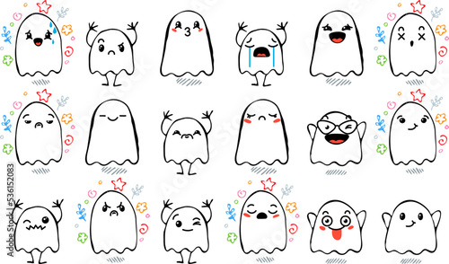 Set of Various Cartoon Ghosts with Emoticons. Doodle ghouls, eyes and mouth. Caricature comic expressive emotions, smiling, crying and surprised character face expressions