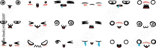 Various Cartoon Emoticons Set. Doodle faces, eyes and mouth. Caricature comic expressive emotions, smiling, crying and surprised character face expressions