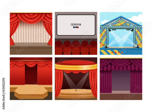 Concert and theatre stages set. Theatrical, outdoor concert, open air festival stages set flat vector illustration