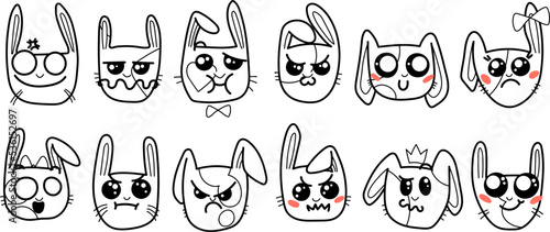 Cute Kawai rabbits. Different expression muzzles bunnies in doodle style. Angry, cheerful, joyful, happy, sick, love, suspicious, playful, laughing kawaii hare