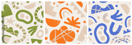 Abstract seamless pattern set with natural organic shapes, random freehand doodle wallpaper collection. Trendy art background includes modern minimalist art and geometric doodles. 