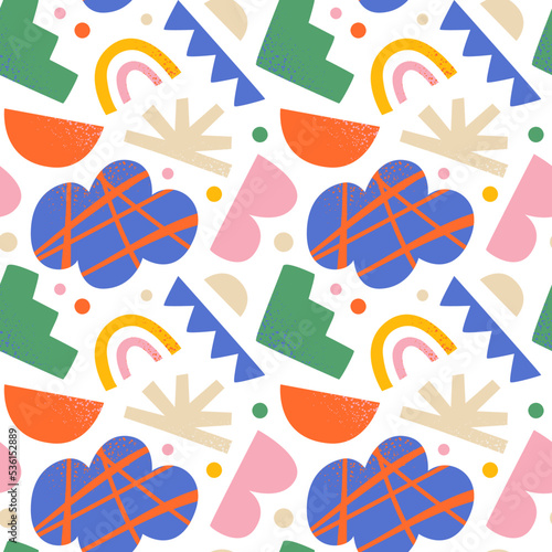 Abstract organic shape seamless pattern with colorful geometric doodles. Flat cartoon background, simple random shapes in bright childish colors. 