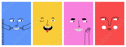 Diverse people face doing funny hand gesture and emotion. Colorful avatar design set, modern flat cartoon character collection in simple doodle art style for psychology concept or social reaction.