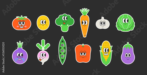 Set of trendy happy vegetable sticker in vintage cartoon style. Retro cooking ingredient, vegetarian character label illustration collection on isolated background. Funny colorful food mascot bundle.