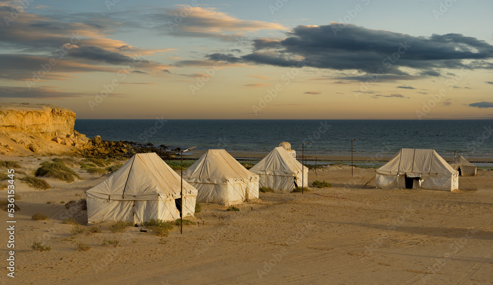 West Africa. Mauritania A picturesque twilight evening at a tent campsite on the Atlantic Ocean in the National Nature Park Banc.