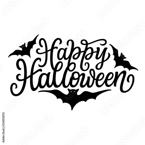 Happy Halloween. Hand lettering text with bat silhouettes isolated on white background. Vector Halloween typography for posters, banners, cards, t shirts