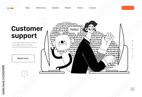 Customer support -Online shopping and electronic commerce web template -modern flat vector illustration of an operator and bot greeting a client. Promotion, discounts, sale and online orders concept