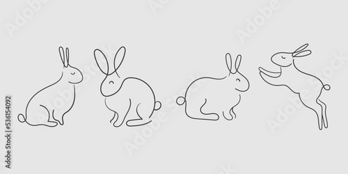 Bunny set in simple one line style. Rabbit icon. Symbol of 2023 new year. Black minimal concept vector illustration. Grey background