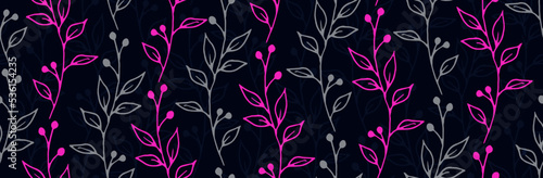 Berry bush twigs botanical vector seamless ornament. Modern herbal textile pr...