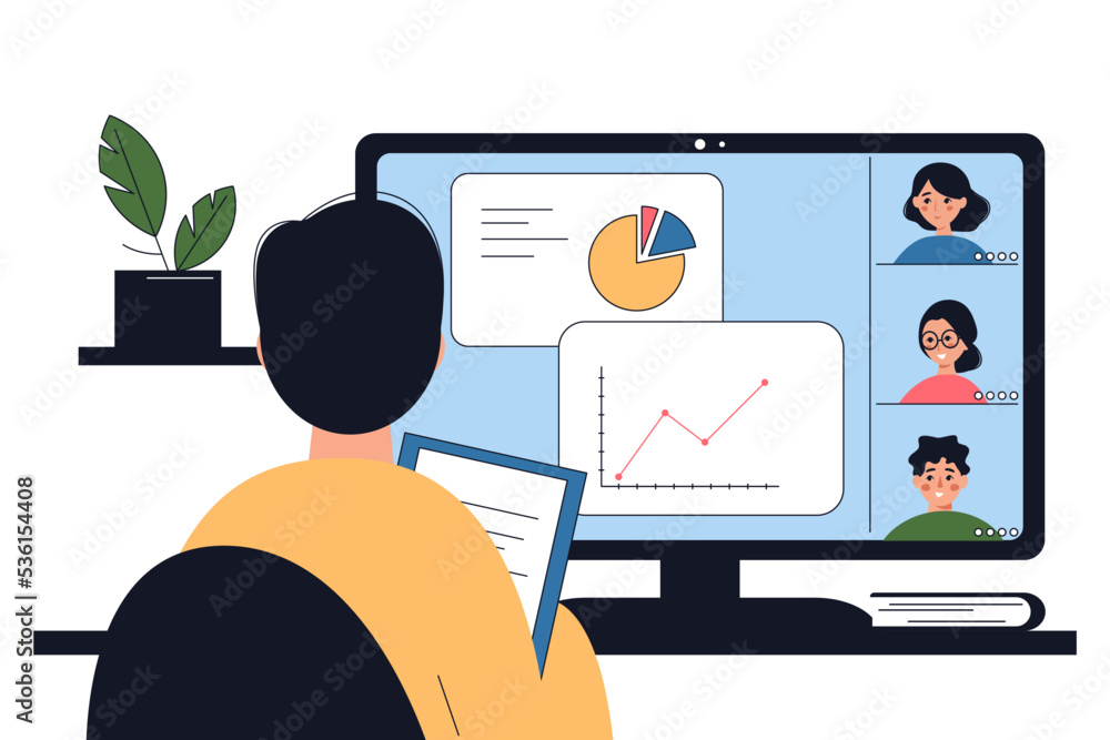Person communicates via internet. Videocall at work, remote office colleagues at business call, virtual video meeting at distance. Vector flat illustration.