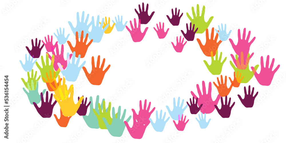 Fototapeta premium Creative kids handprints art therapy concept background design.