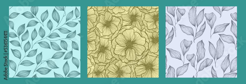 Tree branch leaves and flowers sketch doodle hand drawn vector seamless pattern collection.