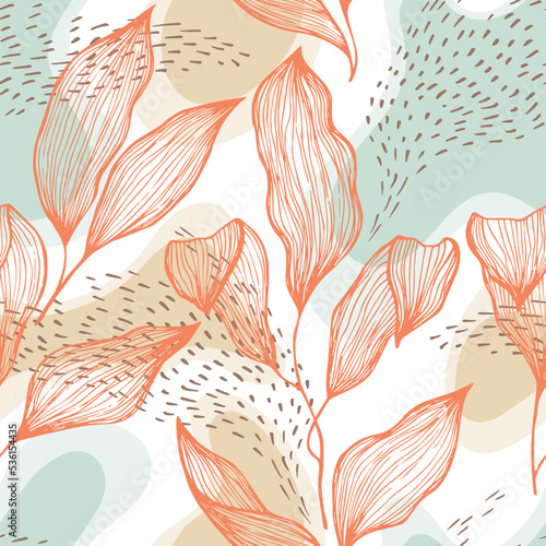 Sketch style doodle line texture leaves over stains and dots seamless vector pattern organic design.