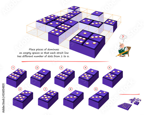 Logic game for smartest. 3D puzzle. Place pieces of dominoes on empty spaces so that each strait line has different number of dots from 1 to 6. Developing spatial thinking. Page for brain teaser book.