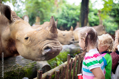 Kids feed rhino in zoo. Family at animal park. © famveldman