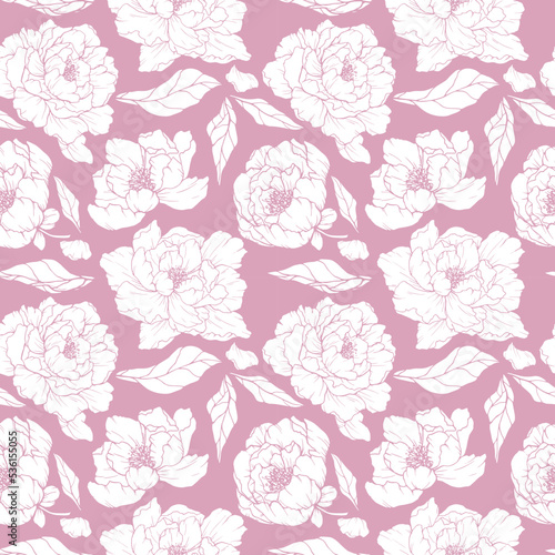 Pink floral background. Peony silhouette. Floral seamless vector pattern. White flowers on a pink background. Beauty. Aroma.