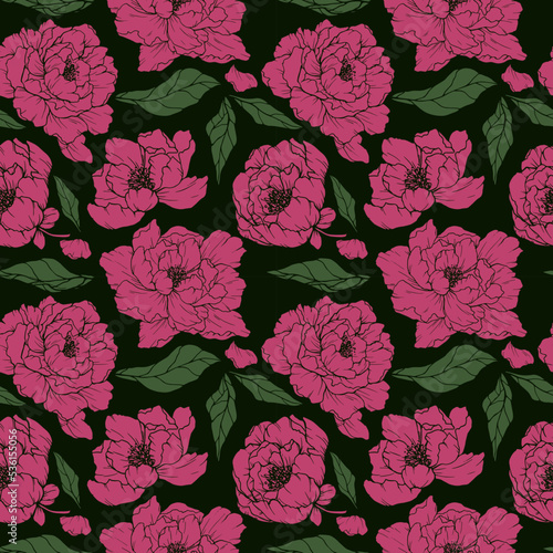 Fototapeta Naklejka Na Ścianę i Meble -  Pink simple silhouettes of peonies on a dark green background. Nature. Botany. Peons. Seamless floral vector pattern. Green leaves. Dark background. Aroma. Home textiles.