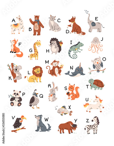 Fototapeta Naklejka Na Ścianę i Meble -  Colorful zoo alphabet with cute animals set. Cartoon letters from A to Z for children isolated vector illustration collection. Preschool and school education concept. Scandinavian style