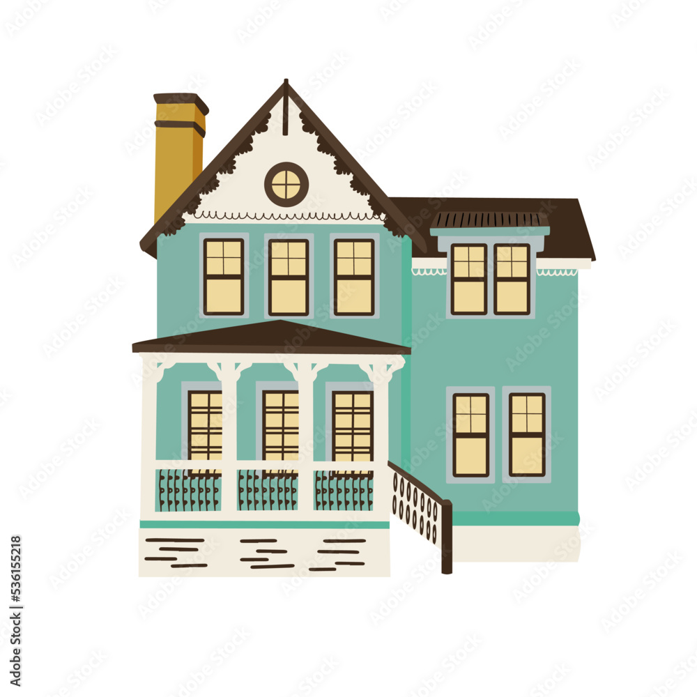 Cute hand drawn little country house with door, windows. Two stored home. Doodle village cottage. Colored flat vector illustration isolated on white background