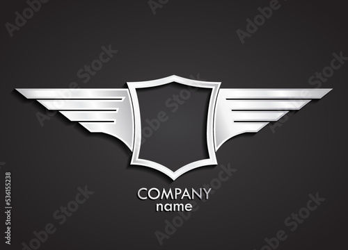 3d winged shield silver metal logo