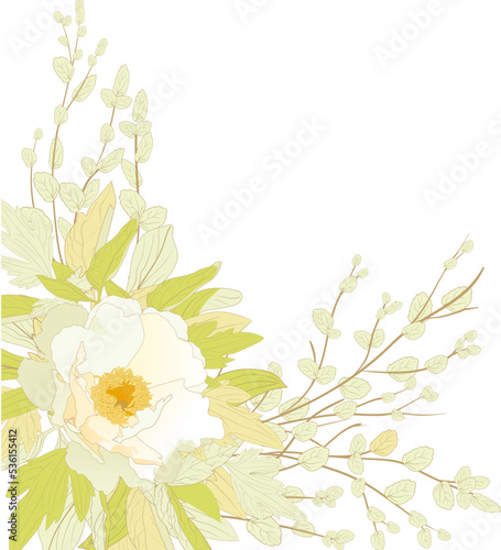 vintage style wallpaper with woody white peony and shrub branches