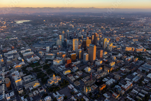 Aerial image of sunrise on downtown Denver Colorado from a Cessna 182.