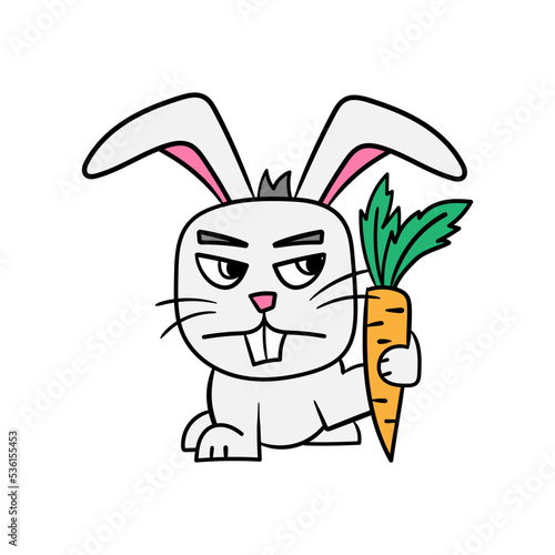 Vector illustration of a rabbit with a carrot. Angry or cunning rabbit. Cartoon vector on white background