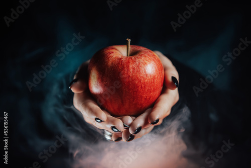 Woman as witch offers red apple - symbol of toxic proposal, lure. Fairytale, white snow, wizard concept. Halloween celebration, cosplay. Smoke, mist background.
