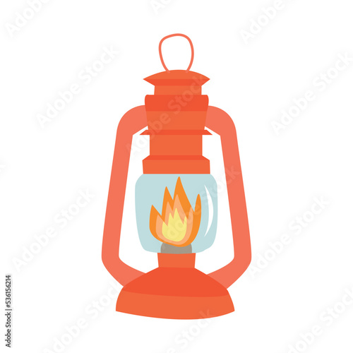 Vintage camping lantern isolated on white background. Retro gas lamp with glowing fire wick. Vector illustration in flat style