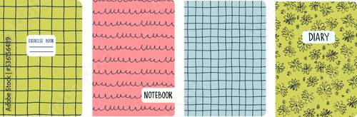 Set of cover page templates based on grid seamless patterns, spiral lines, flower pattern. Plaid backgrounds for school notebooks, diaries. Headers isolated and replaceable