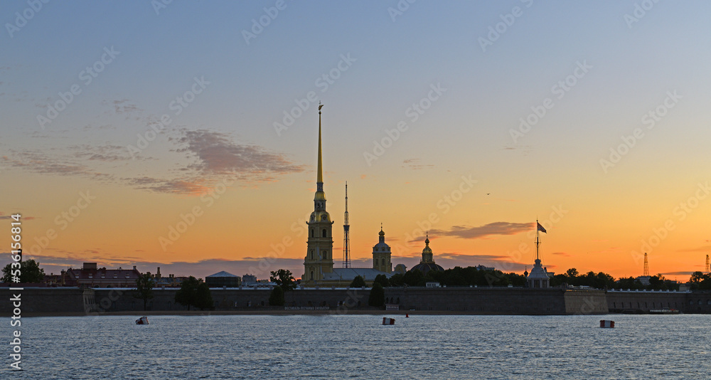 Peter and Paul Fortress, original citadel of St. Petersburg, in Summer Night before dawn. Russia