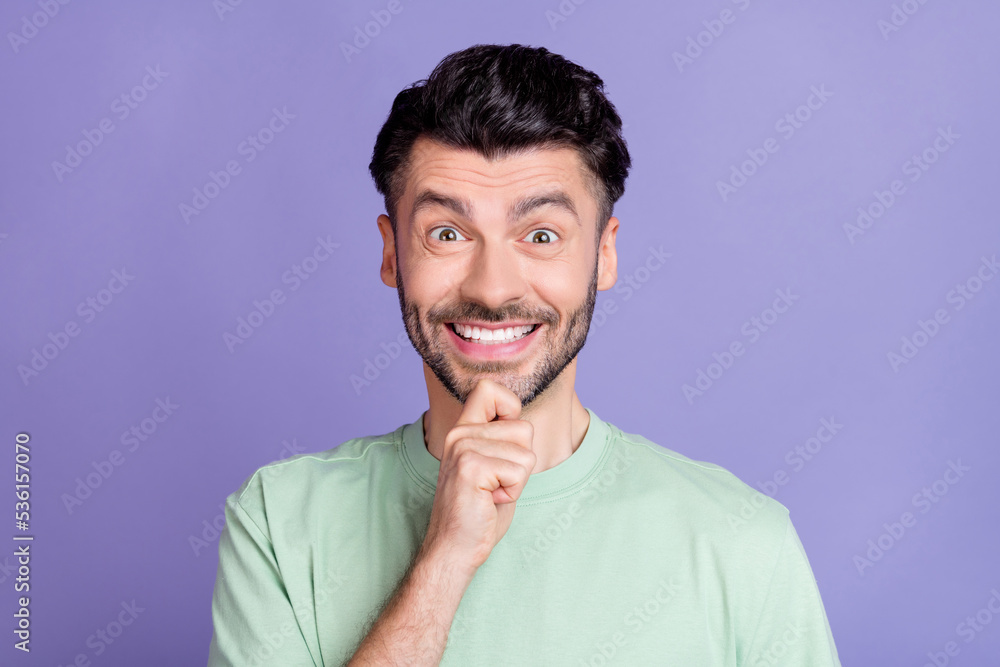 Close up photo of impressed cool man arm touch face beaming smile interesting plan project isolated on purple color background Close up photo of impressed cool man arm touch face beaming smile interesting plan project isolated on purple color background