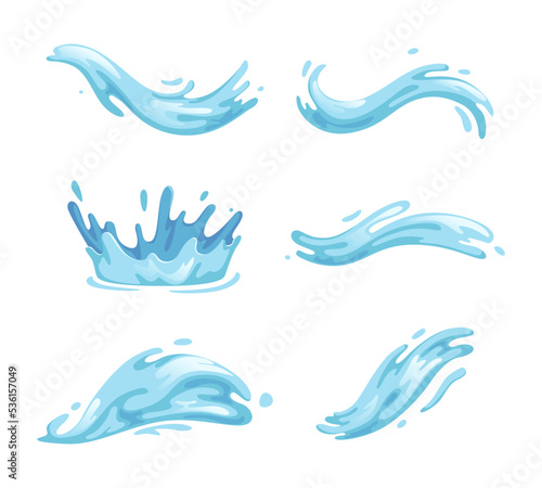 Blue Water Splashes with Drops and Moving Fluid or Liquid Vector Set