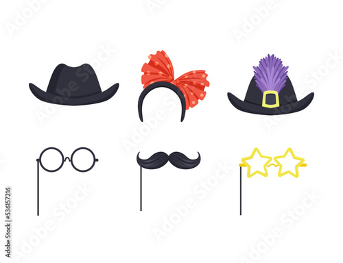 Masquerade Party Costume Accessory with Mustache, Hat and Glasses on Pole Vector Set