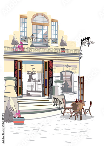 Fototapeta Naklejka Na Ścianę i Meble -  Series of backgrounds decorated with flowers, old town views and street cafes.    Hand drawn vector architectural background. 