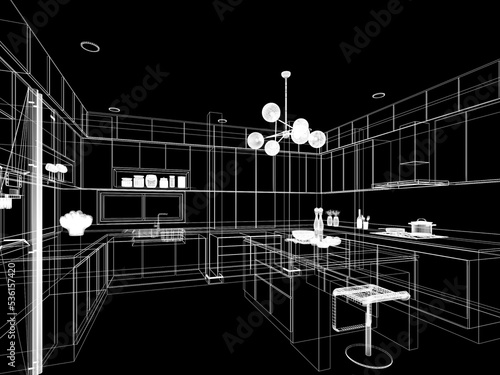 abstract sketch design of kitchen room ,3d rendering photo