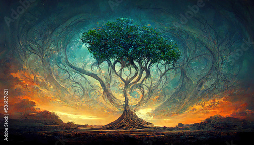 Beautiful tree of life, sacred symbol. Individuality, prosperity and growth concept. 3D illustration