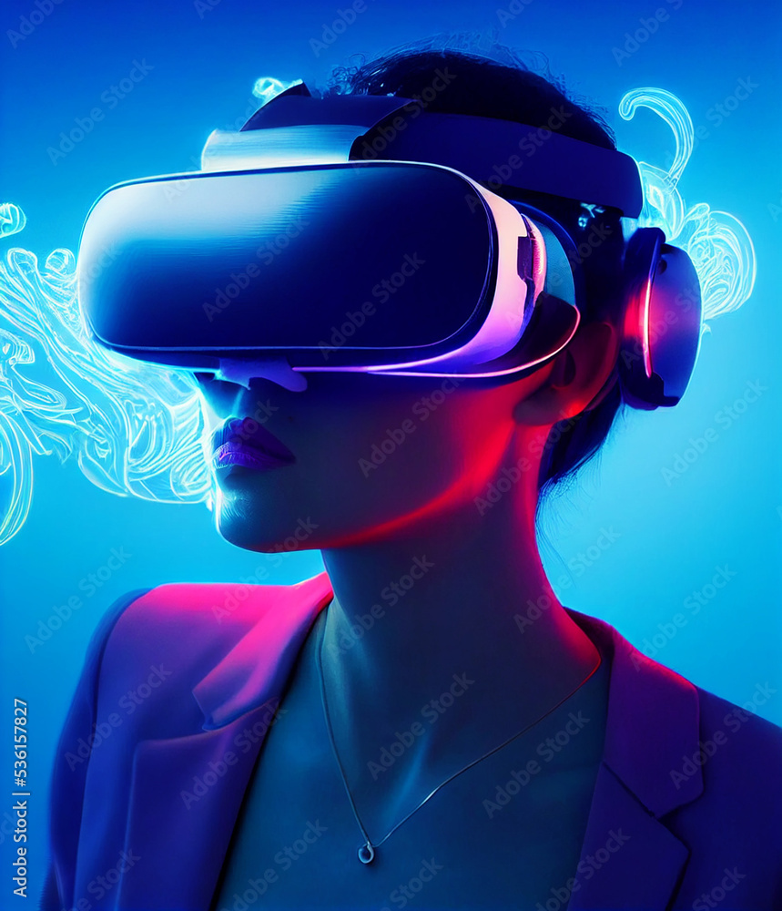 woman wearing virtual reality glasses VR headset, virtual reality, future technology concept. Asian woman using VR glasses in colorful neon lights woman wearing virtual reality glasses VR headset, virtual reality, future technology concept. Asian woman using VR glasses in colorful neon lights