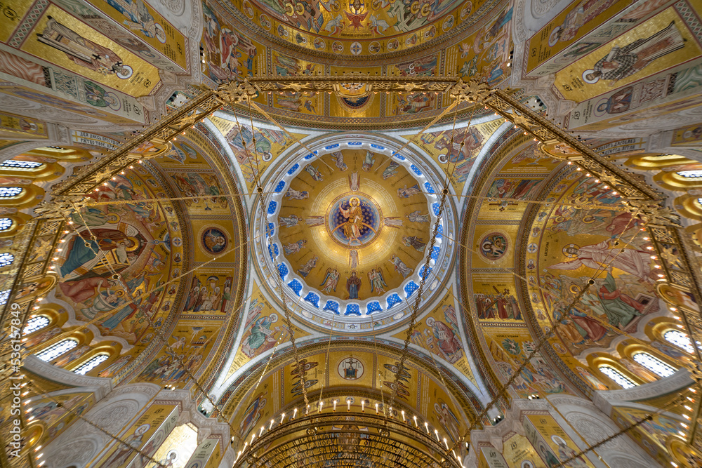 Interior of Saint Sava temple in Belgrade, Serbia, gold mosaic touristic attraction