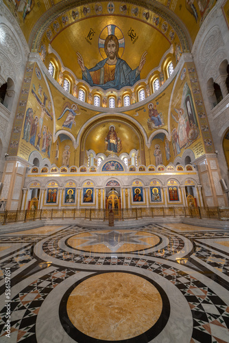 Interior of Saint Sava temple in Belgrade, Serbia, gold mosaic touristic attraction