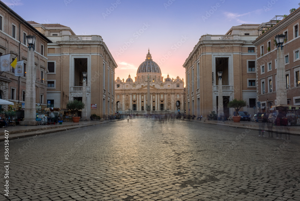 Long Exposition Shot of Via della Conciliazione in front of Piazza San pietro in the Centre of Rome at Sunset
