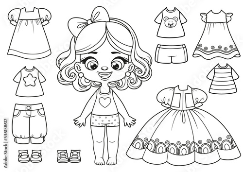 Cute cartoon girl in underwear and with a set of clothes and shoes for dressing outline for coloring page on white background