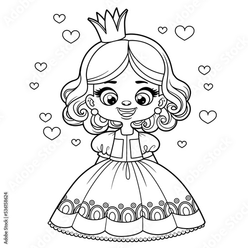 Cute cartoon curly haired girl in a princess dress outlined for coloring page on Fototapet