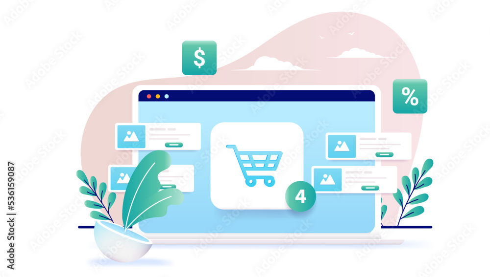Web shop with shopping basket on laptop computer screen with white background. Vector illustration Web shop with shopping basket on laptop computer screen with white background. Vector illustration