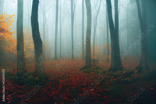 misty foggy autumn forest, wam colors, beautiful nature background wallpaper